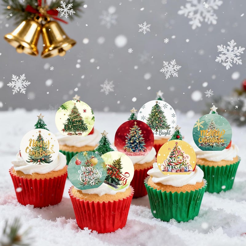 Fyeoxle 36PCS Edible Christmas Tree Cupcake Toppers Wafer Paper Merry Christmas Tree Cupcake Picks for Christmas Theme New Year Party Baby Shower Birthday Supplies - Image 3